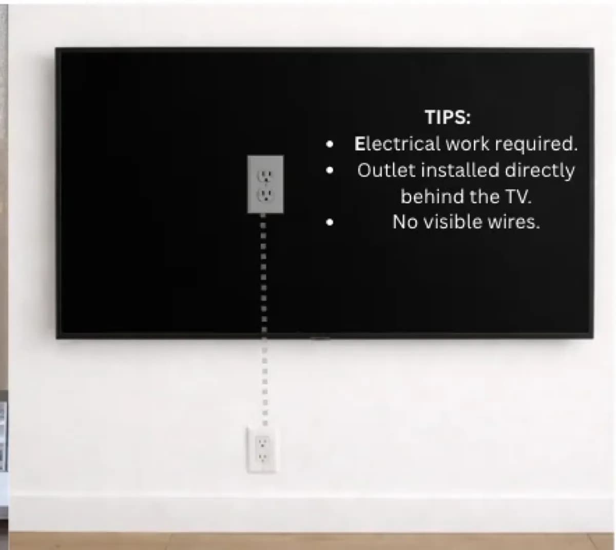 Diagram showing TV mounted with new outlet installed directly behind the screen for a no-visible-wires finish