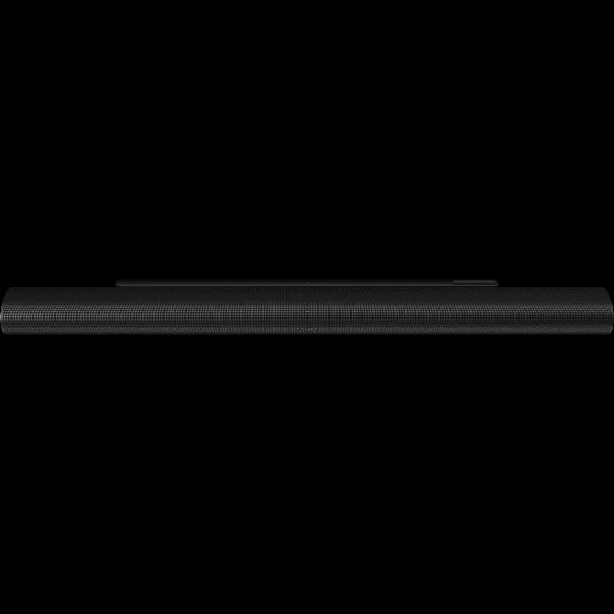 Straight-on front view of a black Sonos Arc Ultra soundbar, showing its long curved cylindrical shape and perforated mesh surface.