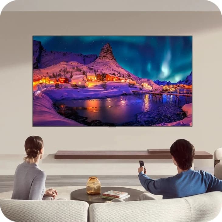 LG G6 OLED on a living-room wall above a floating shelf, showing a snowy northern-lights scene