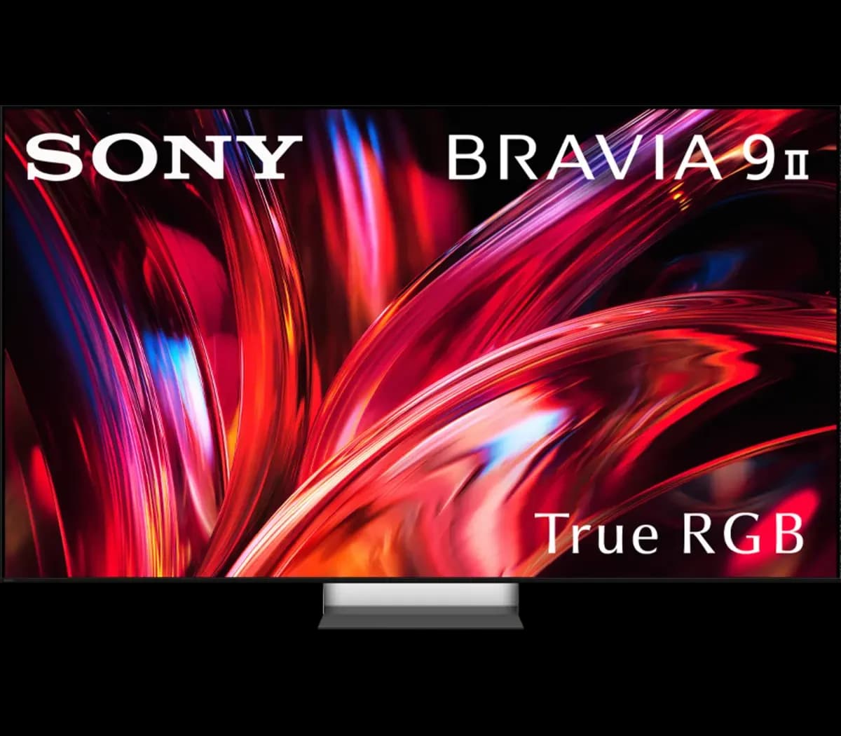 Front view of the Sony BRAVIA 9 II on its stand, screen showing vivid red abstract artwork with SONY, BRAVIA 9 II and True RGB branding overlaid.