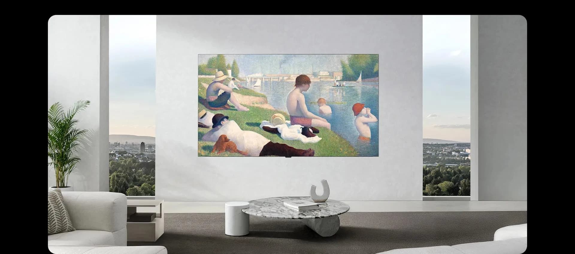 LG OLED W6 hung flush on a bright living-room wall between two large windows, showing a beach painting