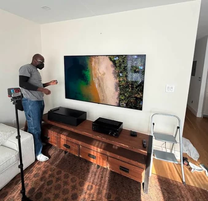 A finished television installation in a New York City apartment