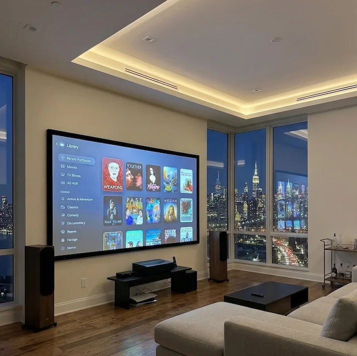 Home theater projector setup with NYC skyline view